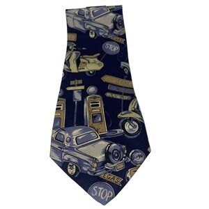 Men's Enrico Guccini Blue 1950's Vintage Cars Print 100% Silk Neck Tie Italy